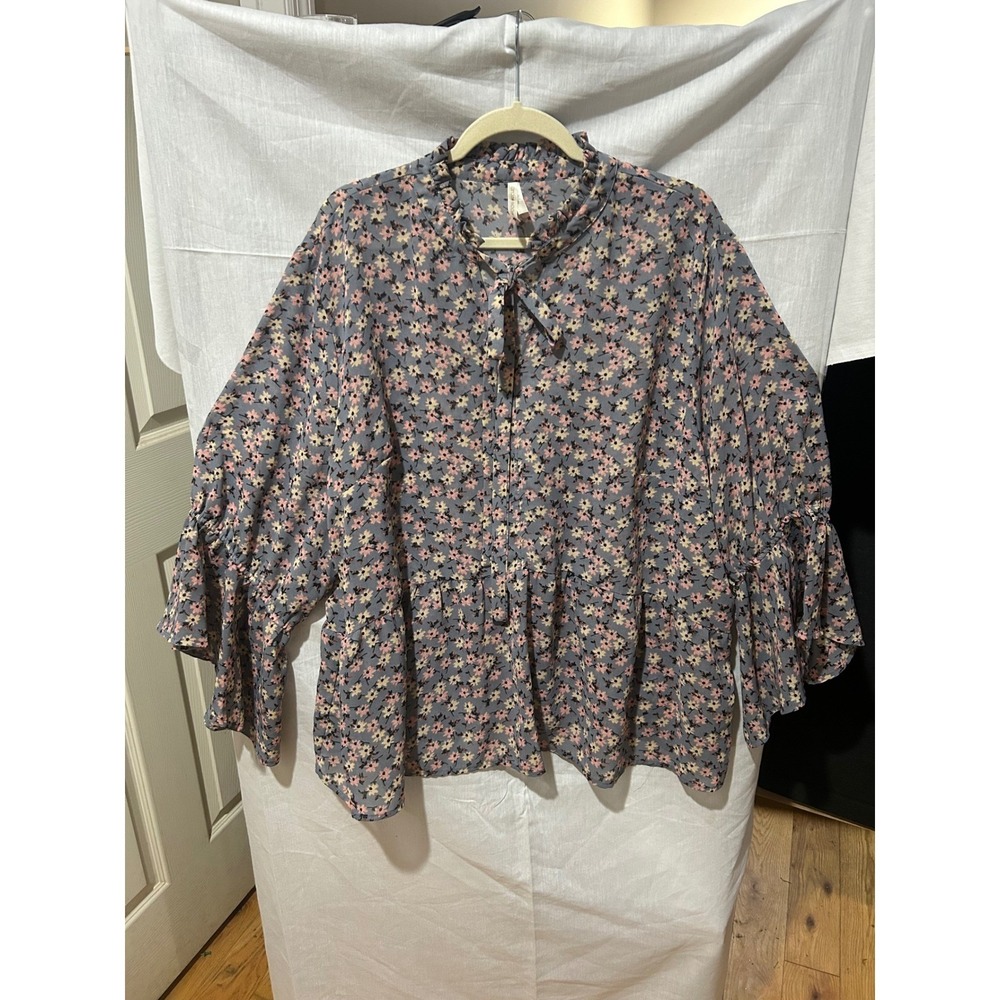 MOON ORCHID Floral Print Bow Neck Blouse Women Plus Size 26 28 Bell Sleeve